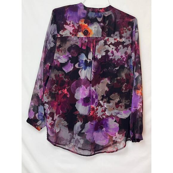 Christopher & Banks Women's Size 1X Purple Floral Print Long Sheer Sleeve Blouse - Picture 2 of 7